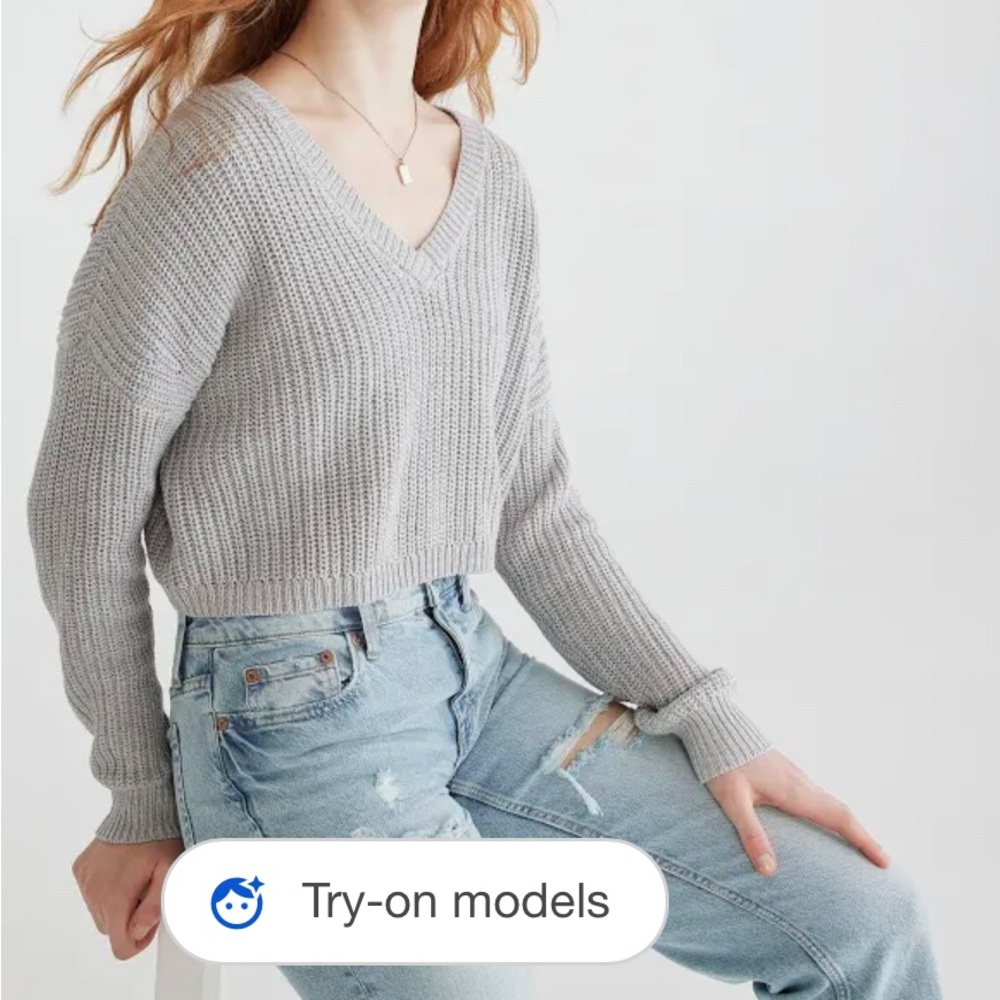 Cropped V Neck Grey Sweater